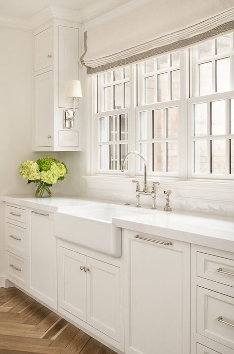 Polished Nickel Cabinet Hardware White Kitchen, Glass Uppers In Kitchen, Classic Traditional White Kitchen, Kitchen Cabinets Over Window, White Kitchen With Chrome Hardware, Two Dishwashers In Kitchen, White Kitchen Chrome Hardware, Timeless Traditional Kitchen, White Cabinets With Quartz Countertops