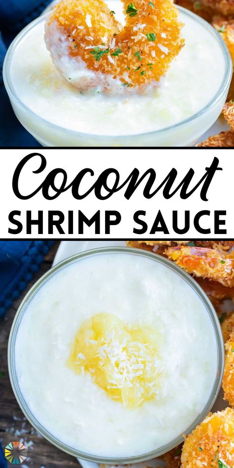 Coconut shrimp sauce matches perfectly with your crispy coconut shrimp. This sauce is made with a few simple ingredients (yogurt, pineapple, coconut, sugar, and salt) and is thrown together in only five minutes. This easy sauce adds an extra kick of flavor to your favorite coconut shrimp. Try this simple and delicious sauce today! Red Lobster Coconut Shrimp Sauce, Chinese Coconut Shrimp Recipe, Shrimp Sauce Recipes, Coconut Shrimp Sauce, Healthy Coconut Shrimp, Shrimp Dipping Sauce, Coconut Shrimp Recipes, Shrimp Sauce, Homemade Sauce Recipes