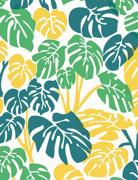 Please Note: Sale items are not subject to any discounts or promotions, including trade and wholesale. Want summer all year round? This monstera deliciosa leaf pattern brings the jungle into your home! split Printing: Digital pigment print (minimum order of 4 rolls), or screen-printed by hand (minimum order and setup fees apply).Material: FSC-certified paper. Trimming: This product may come pre-trimmed or untrimmed. Packaging: May be shipped as double rolls, or as a combination of double and sin Monstera Illustration, Tropical Leaf Pattern, Nature Patterns, Retro Tropical, Tropical Painting, Tropical Patterns, Tropical Leaves Pattern, Tropical Prints, Paint Colors Benjamin Moore