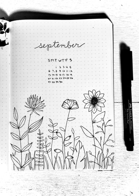 Calender Art Design, Bujo Month Theme, Bujo September Monthly, Bujo Monthly Cover September, Fall Flower Doodles, September Bujo Ideas, Bujo Pages Ideas 2023, Bujo Month Cover, Bujo Flower Theme