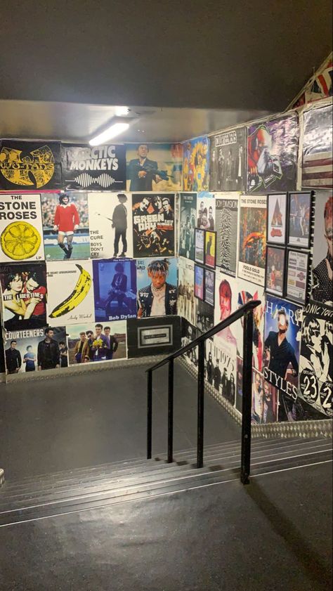 two walls in afflecks palace in manchester plastered with indie posters Afflecks Palace Manchester, Illustrative Textiles, Manchester Aesthetic, Manchester Street, Animated Logo, Chill Room, The Libertines, Boys Don't Cry, Stone Roses