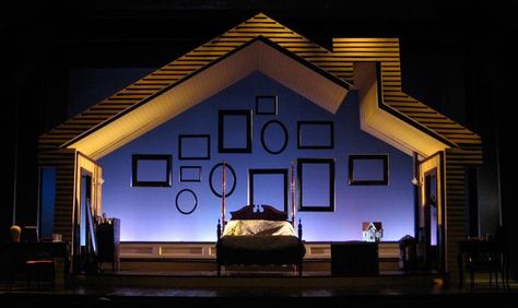 Interesting way to make the set more minimalistic and create walls without having a box set or fake walls - layout of set pieces also nice Theatre Set Design House, Abstract Set Design Theatre, Abstract Theatre, Theatre Set Design, House Frame, Theatre Inspiration, Theatre Lighting, Stage Set Design, Set Design Theatre