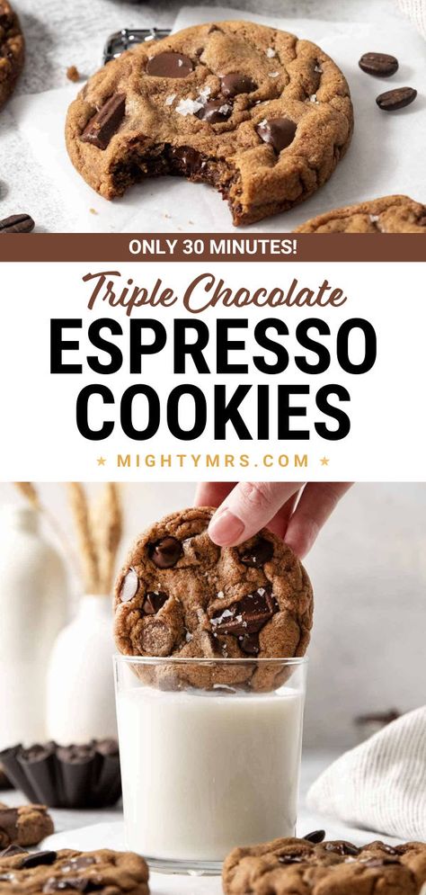 These triple chocolate espresso cookies have a sophisticated flavor that is sure to satisfy a craving for something a little more elevated than your standard chocolate chip cookies. These cookies are soft and chewy with a crisp edge, a hint of coffee, and three different chocolates and you can make them in just 30 minutes! Espresso Chocolate Chip Cookies, Chocolate Espresso Cookies, Espresso Cookies, Espresso Cookie, Lost 100 Pounds, Coffee Cookies, Chocolate Espresso, Think Food, Chewy Cookie