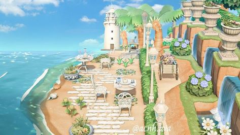 Animal Crossing Beach Wedding, Acnh Beach Ideas, Acnh Coastal, Greek Animals, Acnh Beach, Animal Crossing Island Inspo, Ideas Animal Crossing, Animal Crossing Guide, Acnh Inspiration