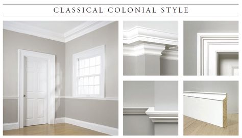 CLASSICAL COLONIAL: c.1725 - 1820. The Classical Colonial Style captures the feel of the 18th century. Designed after the historic William Gibbes House in Charleston, South Carolina, where the rooms and walls are symmetrical, balanced and perfectly proportionate. WindsorONE Classic American Molding Collection Classical Craftsman Trim, Classical Craftsman, House American Style, American Classic Interior, Craftsman Style Trim, Craftsman Trim, American Style Interior, Colonial Revival, Greek Revival