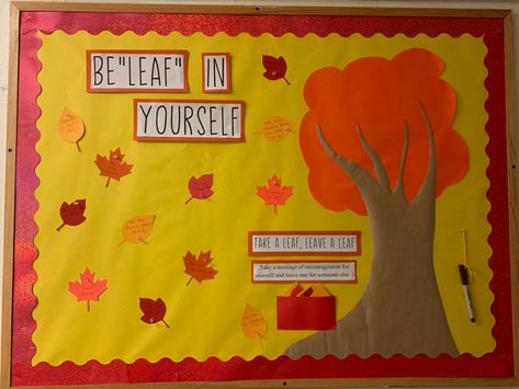 Fall Leaf Bulletin Board, Leaf Bulletin Board Ideas, Fall Counseling Bulletin Board Ideas, September Bulletin Boards, Pta Board, Fall Classroom Door, School Counseling Bulletin Boards, Counseling Bulletin Boards, Kindness Bulletin Board