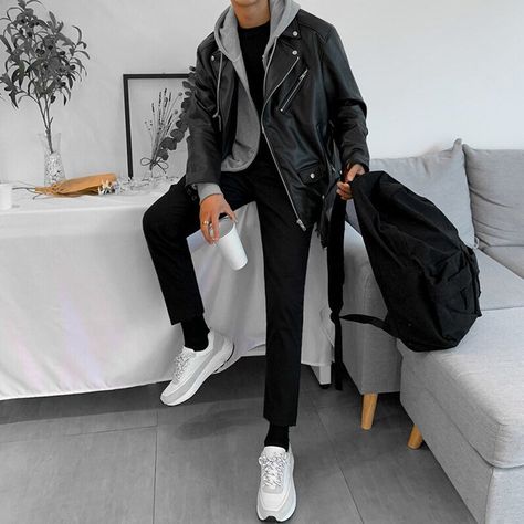 Leather Jacket Outfit Men, Black Leather Biker Jacket, Suit Collar, Coat Trends, Pu Leather Jacket, Leather Jacket Outfits, Men's Korean Style, Stylish Mens Outfits, Men Fashion Casual Outfits