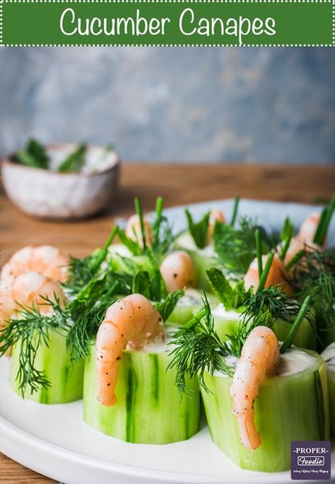 Create a classic easy finger food by making these cucumber canapes with prawns! these fancy appetisers are easy to prepare with a refreshing tzatziki filling, flavourful prawns and vibrant herb topping. Serve these for a party and your guests will be asking you for the recipe. Chinese Prawn Recipes, Cucumber Canapes, Prawns Appetizers, Prawn Starters, Easy Finger Food, Cucumber Appetizers, Flavorful Shrimp, Gourmet Appetizers, Fancy Appetizers