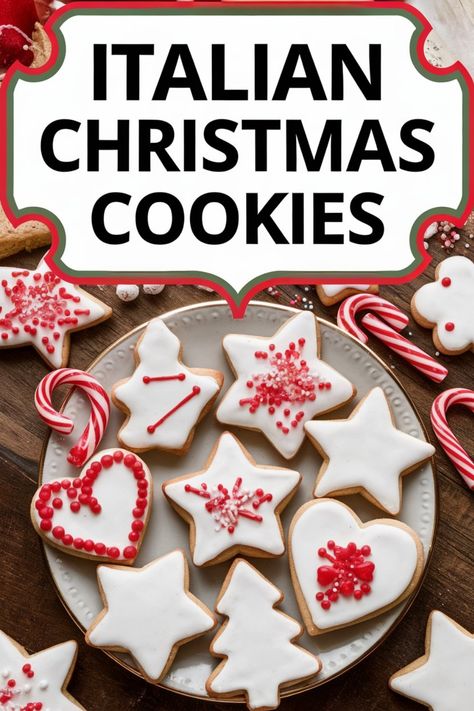 Italian Christmas cookies decorated with white icing and red sprinkles on a plate. Italian Christmas Cookies Recipes, Classic Biscotti, Italian Christmas Cookie Recipes, Christmas Cookies Recipes, Italian Christmas Cookies, Cookie Platter, Festive Cookies, Italian Christmas, Traditional Recipes