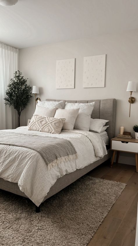 Grey Bed Frame, White Room Decor, Apartment Living Room Design, Apartment Decor Inspiration, Room Makeover Bedroom, Decor Home Living Room, Room Inspiration Bedroom, Room Ideas Bedroom, Minimalist Bedroom