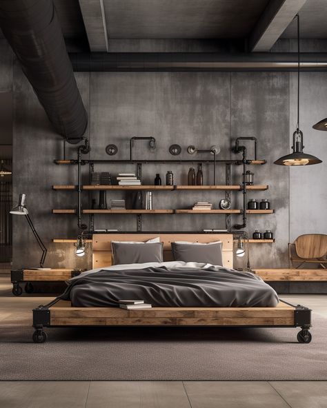 deco chambre industrielle beton bois metal noir Industrial Interior Design Bedroom, Industrial Interior Bedroom, Industrial Lounge, House Flipper, House Flippers, Industrial Interior Design, Master Room, Interior Design Mood Board, Style Deco