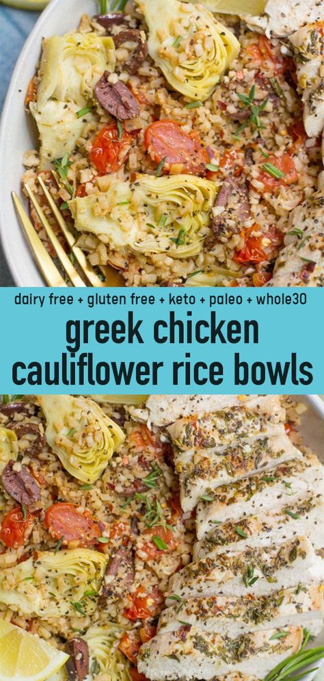 Keto Rice Bowl, Paleo Dinner For Two, Greek Cauliflower Rice Bowl, Cauliflower Rice Meals Healthy, Riced Cauliflower Bowls Healthy, Paleo Recipes With Shredded Chicken, Paleo Greek Recipes, Whole 30 Cauliflower Rice, Paleo Cauliflower Rice Recipes