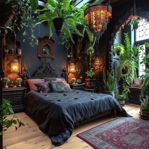 Boho Goth Apartment, Moody Boho Home Decor, Black Boho Bedroom, Layering Textiles, Dark Boho Bedroom, Whimsical Bedroom, Dark Boho, Bedroom Sanctuary, House Hacks