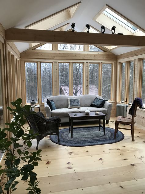 A Frame Sunroom Addition, Sunroom In Winter, Post And Beam Addition, Cedar Sunroom Ideas, Rustic 4 Season Room, Sunroom Addition Exterior View, Prefab Sunroom Room Additions, Small Sunroom, Screened Porches