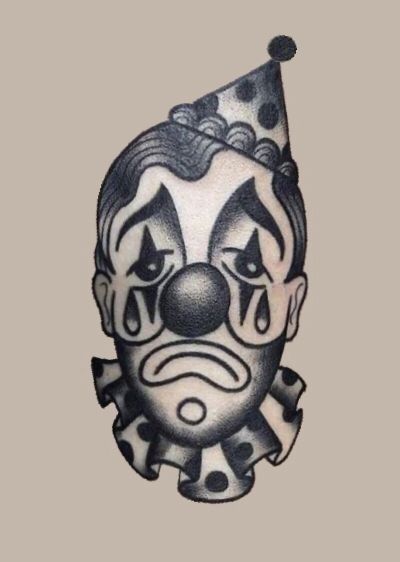 Clown Tattoo Traditional Flash Art, Jester Clown Tattoo, Traditional Style Clown Tattoo, Black And White Clown Tattoo, Creepy Clown Tattoo Designs, Hobo Clown Tattoo, Clown Head Tattoo, Old School Clown Tattoo, Trad Clown Tattoo