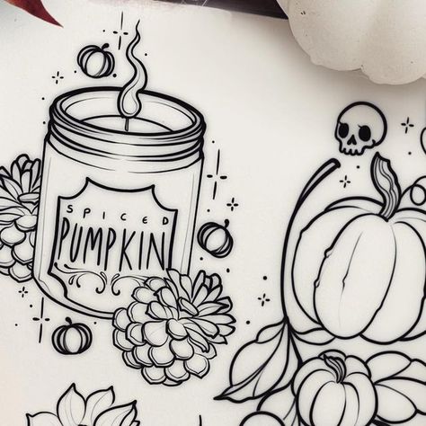 Autumnal Tattoo Ideas, Autumn Tattoo Design, Small Autumn Tattoo, Autumn Tattoo Sleeve, Pumpkin Spice Tattoo, Fall Tattoo Flash, Fall Flash Tattoo, Fall Theme Tattoo, Autumnal Tattoo