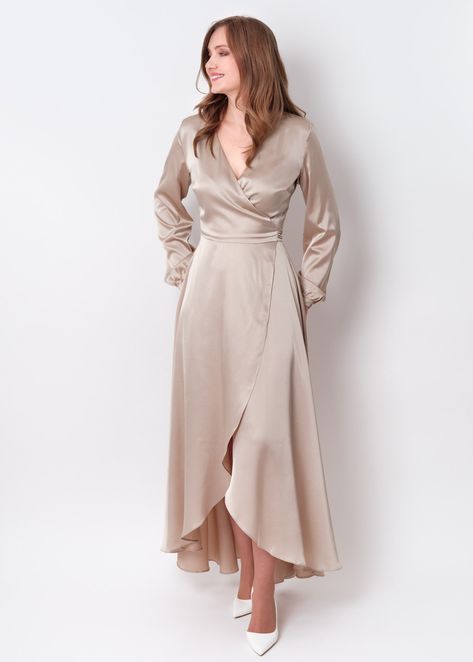 Champagne beige silk satin long wrap dress, silk dress, wrap dress, bridesmaid dress, wedding guest dress, long sleeve silk dress, women dress, maxi dress, evening dress, long dress Wedding Guest Dress Long Sleeve, Champagne Dresses Long, Beige Satin Dress, Champagne Silk Dress, Wedding Guest Dress Long, Beige Long Dresses, Wedding Dress Bolero, Beige Bridesmaid Dress, Silk Dresses Outfit