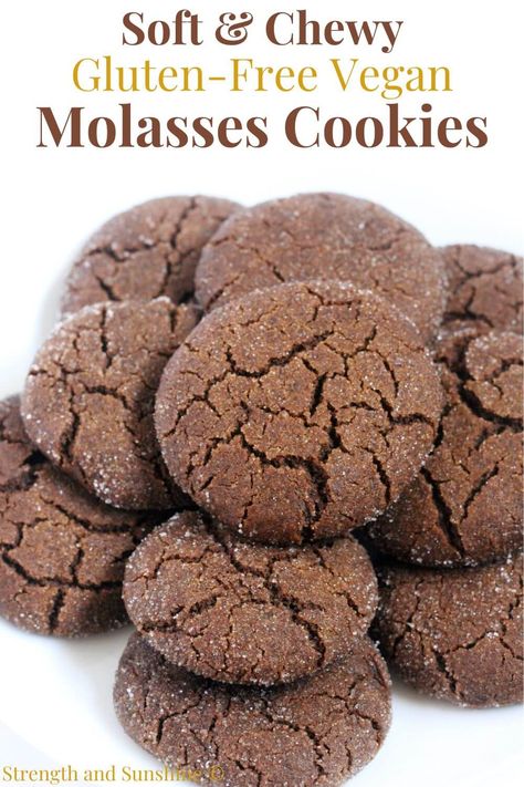 Gluten-Free Molasses Cookies (Vegan, Allergy-Free) | Strength and Sunshine | Soft and chewy Gluten-Free Molasses Cookies! These perfect old-fashioned molasses cookies are vegan and allergy-free. Rich with molasses and brown sugar, deliciously spiced with ginger and cinnamon, and rolled in sugar for a sweet crisp finish, these soft molasses cookies are so easy and quick to bake! A classic Christmas and holiday recipe for every cookie platter! Gluten Free Molasses Cookies, Vegan Ginger Molasses Cookies, Vegan Molasses Cookies, Old Fashioned Molasses Cookies, Soft Molasses Cookies, Mmm Cookies, Gf Treats, Gluten Free Holiday Cookies, Molasses Cookies Recipe