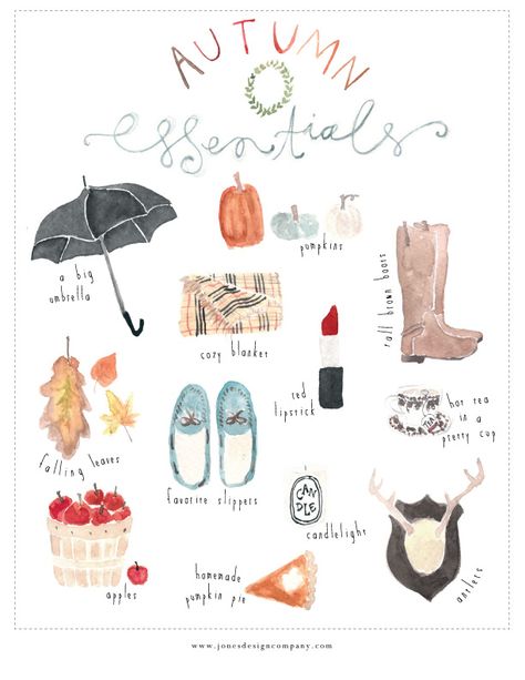 What is on your list? Mine would include pumpkin scones, vegetarian chili, my favorite boots + striped knee socks, watching the game under piles of quilts, and crunching through piles of leaves. :: Autumn Essentials Printable from Jones Design Hygge Autumn, Jones Design Company, Winter Hygge, Autumn Essentials, 동화 삽화, Fall Essentials, Happy Fall Y'all, Art And Illustration, Fall Favorites