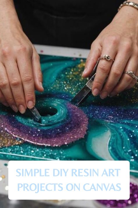 Hands creating swirling patterns with resin and glitter on a canvas. Resin Pouring Technique, Epoxy Resin Crafts For Beginners, Resin Art For Beginners, Resin Art Ideas, Art Pouring, Wall Art Tutorial, Acrylic Pouring Techniques, Art For Beginners, Resin Wall Art