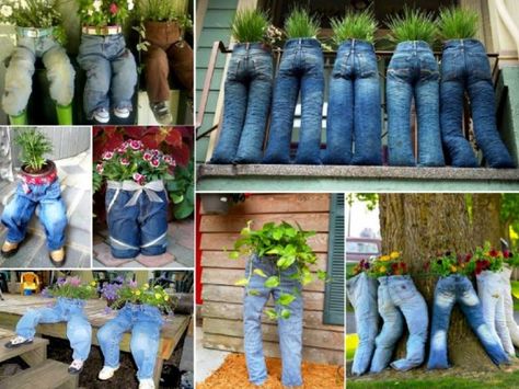 How to DIY Fun Recycled Jean Planter, nice personalized whimsical garden decoration. Check out more -> http://www.fabartdiy.com/how-to-diy-fun-recycled-jean-planter/ #diy, #gardening, #jeans, #planter Jeans Planter, Jean Planters, Unusual Planter, Diy Flower Pots, Outdoor Crafts, Recycle Jeans, Creative Gardening, Whimsical Garden, Diy Planters