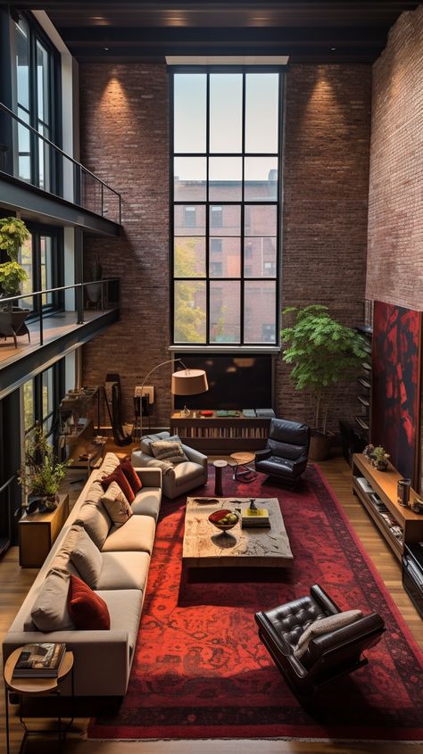 New York Loft Apartment Industrial Exposed Brick, Brick Walls Apartment, Loaf Apartment, Living Room Designs Brick Wall, Interior Design Natural Light, Modern Brick House Interior, Modern Brick Interior Design, Loft Apartment Lighting, London Loft Apartment Aesthetic