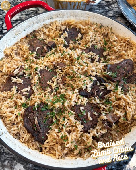 This Braised Lamb Chops & Rice recipe is filled with flavor! Garlic, rosemary, onion, & zaatar seasoning ensure every bite is delicious. Lamb Chop And Rice Recipes, Braised Lamb Chops, Zaatar Seasoning, Lamb Loin Chops, Cheesy Rice, Lamb Loin, Holiday Meat Recipes, Lamb Chop, Savory Rice