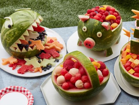 Watermelon Bowls Carved, Watermelon Carving Ideas, Watermelon Carving Easy, Watermelon Fruit Bowls, Backyard Party Food, Watermelon Shark, Confirmation Ideas, Watermelon Bowl, Fruit Carvings