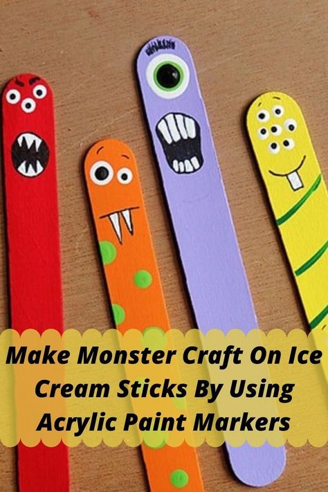 Monster Craft On Ice-cream Sticks By Using Acrylic Paint Markers | Stango Ice Cream Stick Painting Ideas, Acknowledgments For Project, Best Acrylic Paint, Ice Cream Stick Craft, Paint Pens For Rocks, Ice Cream Sticks, Acrylic Paint Markers, Stick Drawings, Monster Craft