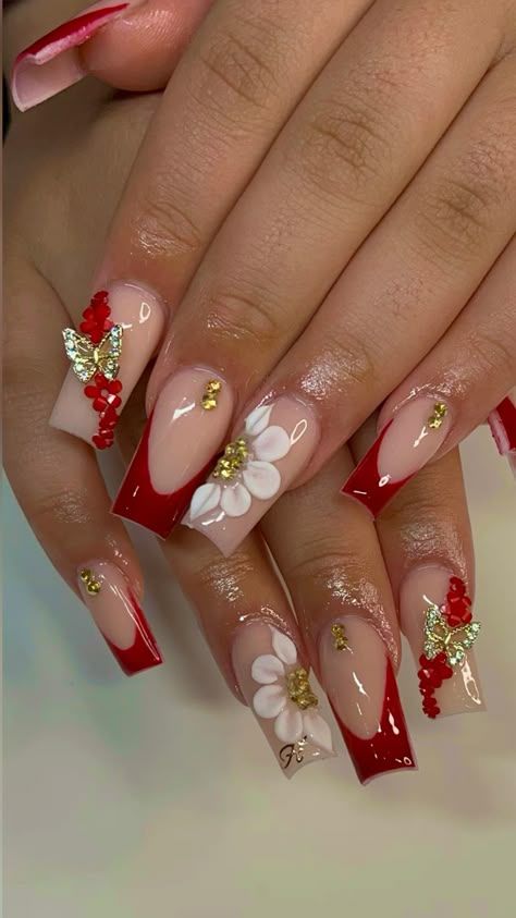 Red Hoco Nails Square, Red Nails For Sweet 16, Short Red Quince Nails, Red And Gold Butterfly Nails, Red Acyrilics Nails Design, Red Xv Nails, Red Nail Ideas Short, Red Nails For Hoco, Junior H Nails