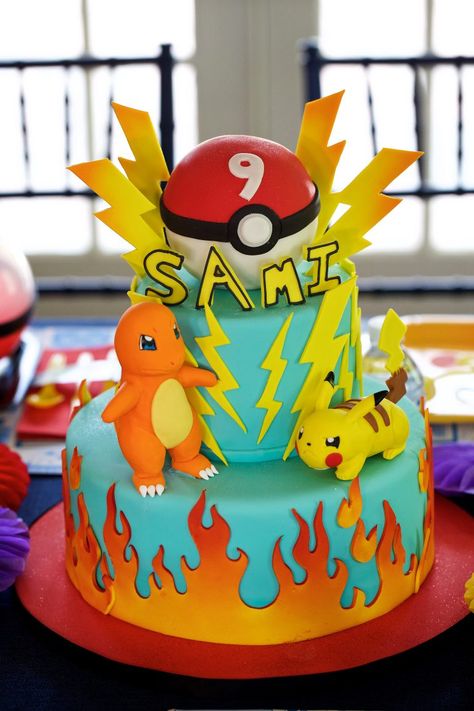 video game kids birthday party - pokemon birthday cake - Potomac, Maryland Charizard Cake, Charmander Cake, Pokemon Torte, Bolo Pikachu, Dragon Pokemon, Pokemon Themed Party, Pokemon Birthday Cake, Pikachu Cake, Pokémon Party