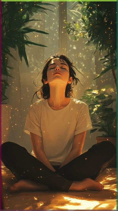 Feel the calm radiating from this serene image of a person seated in meditation, bathed in warm sunlight and surrounded by lush greenery. The gentle glow and peaceful expression symbolize the beauty of mindfulness and being present in the moment. Perfect for inspiring your meditation practice, inner peace, and connection with nature. Pin this to your mindfulness or wellness board for daily inspiration. Meditating Pose, Inner Peace Art, Unrealistic Beauty Standards, Meditation Images, Being Present In The Moment, How To Look Attractive, Seeking Peace, Present In The Moment, Meditation Poses