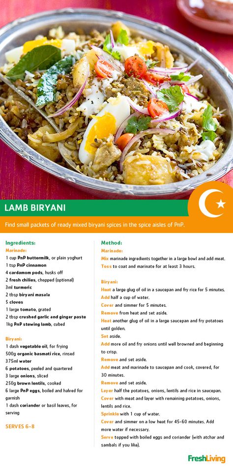 This #Ramadaan, experience the traditional flavours (and aromas) of Iftar with a classic lamb biryani. #dailydish #PnP #freshliving #picknpay Breyani Recipes, Vleis Geregte, Lamb Biryani, Cape Malay, Homemade Recipe Books, Rice Side Dish Recipes, Spinach Curry, Healthy Indian Recipes, South African Food