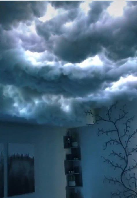 Man Makes 3D Thunder Cloud Ceiling That Flashes Like Lightning Diy Clouds Ceiling, Cloud Bedroom, Cloud Ceiling, 3d Clouds, Lightning Cloud, Diy Clouds, Ceiling Murals, Cute Diy Room Decor, Cloud Lights