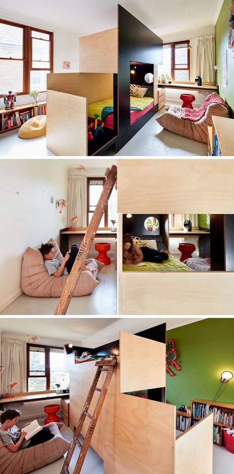 MAKE have collaborated with Tanguy Le Moing to create a bunk bed that splits the bedroom in two, creating a separate space for each child. #BunkBed #ModernBedroom #KidsBedroom Boy Beds, Bunk Bed Ideas Diy, Dečije Sobe, Bed Divider, Bunk Beds Small Room, Custom Bunk Beds, High Bed, Modern Bunk Beds, Kids Shared Bedroom