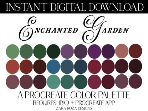 A Procreate color / colour palette tool, 1.swatches file, 30 swatches for tones & shades, digital art illustration, painting, illustrating, Christmas, Xmas, New Year, Halloween, Easter, Thanksgiving, Valentines Day, birthday party, weddings, baby showers, digital planner decor, festive holiday drawing aesthetic color scheme, iPad Pro hand lettering digital brushes illustrating & Apple Pencil painting on the Procreate app. 30 swatches, handpicked for a calm, relaxing, hippie, elegant, cute, retro Enchanted Forest Palette, Enchanted Forest Color Palette, Witchy Color Palette, Whimsical Color Palette, Valentines Day Birthday Party, Pallete Color, Jewel Tone Color Palette, Palette Challenge, Enchanted Forest Coloring