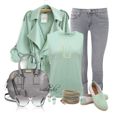 "Grey and Mint" Grey And Green Outfit, Green Wardrobe, Mint Green Outfits, Mint Green Purse, Grey Jeans Outfit, Mint Outfit, Turquoise Clothes, Nice Outfits, Summer Work Outfits