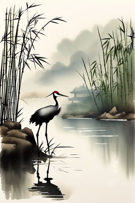 Build your own art collection! Use the code MOREART during checkout for 40% off when you buy 2 or more items! This is one piece in the Japandi Crane Watercolor Digital Art Series created by Morris Digital Designs. This picture features a Crane standing at the river's edge, brought to life in a watercolor painting. This piece is available as a downloadable wall art print. Your order will be for a digital item only. This picture is saved as a portrait with a 2x3 aspect ratio, 400 dpi, and is print Crane Bird Painting, Japanese Cranes Art, Crane Watercolor, Japanese Art Crane, Korean Crane Art, Crane Illustration Japanese, Watercolor Digital Art, Zen Painting, Asian Landscape