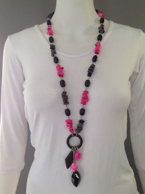 Long y-necklace with hot pink and black shell, large black resin focal ring, black resin diamond charm, hot pink mother of pearl, black glass crystal pendant and black glass barrel beads - Michela Rae Black Long Necklace, Resin Diamond, Hot Pink And Black, Black Resin, Diamond Charm, Ring Black, Glass Crystal, Pink And Black, Black Glass