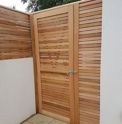 Cedar Garden Gate – Slatted Style With Square Edge Battens Slatted Gate, Contemporary Fencing, High Fence, Cedar Gate, Slatted Fence Panels, Cedar Wood Fence, Modern Carport, Contemporary Gardens, Backyard Gates