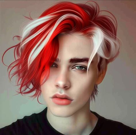 Red Streaks, Character Creation, White Hair, Red Hair, Mens Hairstyles, Red And White, Hair, Red, White