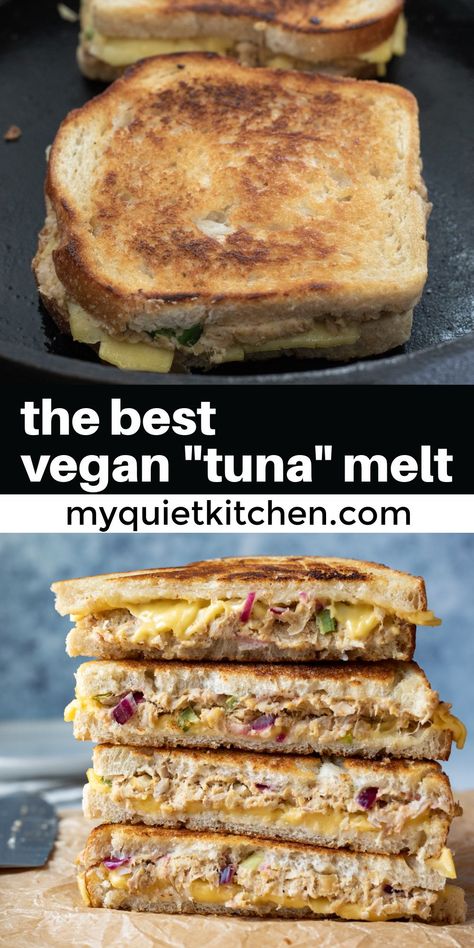 Melt Sandwiches, Tuna Melt Sandwich, Vegan Tuna, Vegan Sandwich Recipes, Tuna Melt, Vegan Fish, Vegan Cheddar, Tuna Melts, Toasted Bread