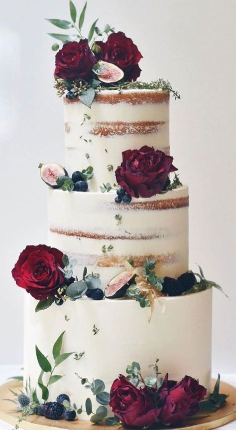 Neutral Colour Palette For Rustic weddings | Rustic Wedding Decor Ideas Seminaked Wedding Cake, Wedding Cake Two Tier, Autumn Wedding Cake, Vintage Pasta, Burgundy Wedding Cake, Country Wedding Cakes, Winter Wedding Cake, Tiered Cake, Wedding Cakes Blue