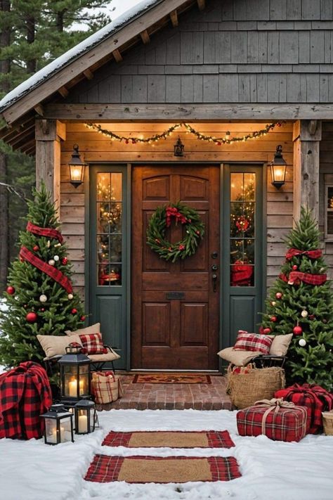 Seasonal Porch Ideas, Country Christmas Decor Ideas Outdoor, Christmas Decorations Outside House, Home Outdoor Christmas Decor, Christmas Outside Decorations Porches, Christmas Porches Ideas Outdoor, Porch Decorations For Christmas, Porch Christmas Decorations Outdoor, Rustic Christmas Front Porch