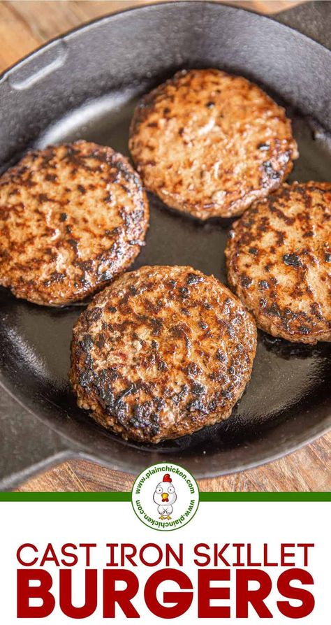 Cheeseburgers In Cast Iron Skillet, Burgers In Cast Iron Skillet In Oven, Cast Iron Skillet Hamburgers, Burger In Cast Iron Skillet, Cast Iron Hamburgers, Cast Iron Burgers In Oven, Skillet Burgers Cast Iron, Skillet Hamburger Recipes, Burgers In Cast Iron Skillet