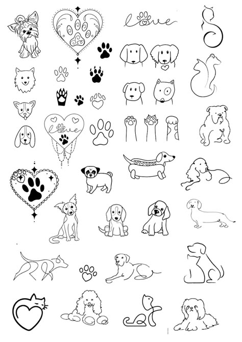 Tattoo Ideas Cat And Dog, Black Cat And Dog Tattoo, Love Cat Tattoo, Black And White Cats Tattoo, Dog Doodle Tattoo, 2 Dog Tattoo Ideas, Minimalist Dog Tattoo Line Drawings, Dog Flash Tattoo, 2 Dogs Tattoo