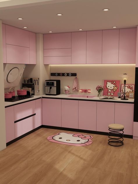 Black White And Pink Kitchen, Pink Black Kitchen, Dark Pink Kitchen, White And Pink Kitchen, Cute Kitchen Aesthetic, Pink And Black Kitchen, Pink Apartment Decor, Casa Aesthetic, Pink Kitchen Ideas