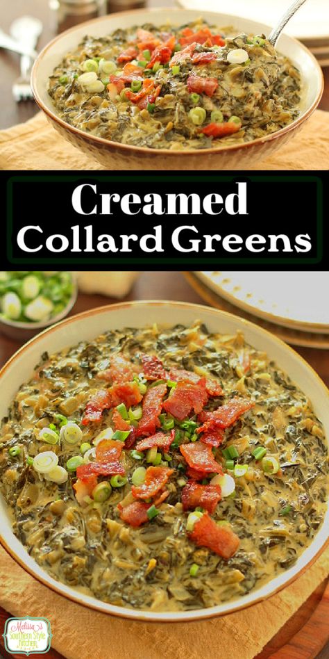 These easy Creamed Collard Greens are perfectly seasoned with bacon and a decadent homemade cream sauce that takes them to a whole new level. #collardgreens #creamedcollargegreens #southerngreensrecipe #easysidedishrecipe #holidayrecipes via @melissasssk Southern Greens Recipe, Grits And Greens, Easter Dinner Sides, Collard Greens Recipe, Collard Green, Side Dishes For Chicken, Easter Dinner Recipes, Vegetables Recipes, Green Recipes