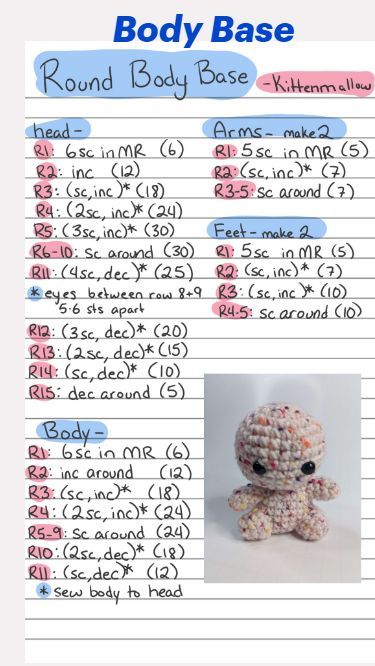 Crochet Creatures Free Pattern, Crochet Patterns Written, Free Written Crochet Patterns, Scrap Crochet Projects, Easy Crochet Plush, Body Crochet Pattern, Crochet Base, Outdoor Dress, Crochet Plushies