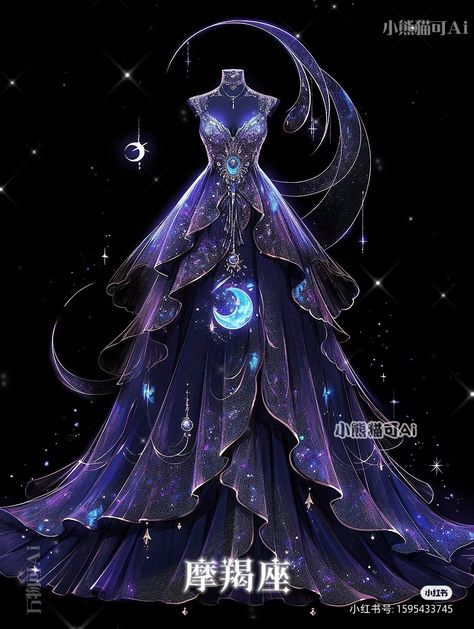 Purple Fantasy Dress, Galaxy Outfit, Space Dress, Magical Dress, Fantasy Clothes, Fantasy Outfits, Theme Dress, Fashion Drawing Dresses, Clothing Design Sketches